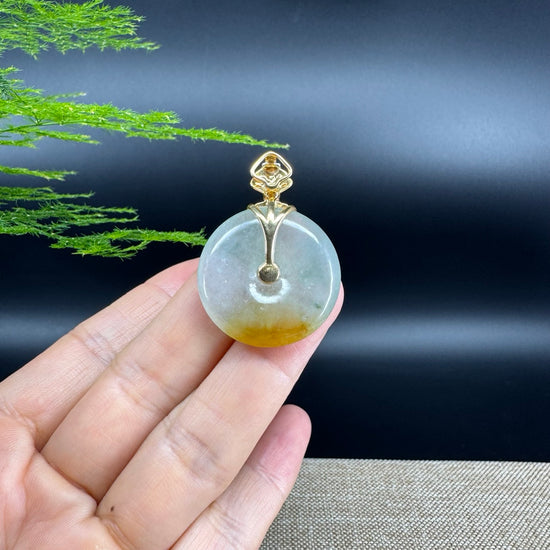 "Good Luck Button"Icy Yellow Green Jadeite Jade Lucky KouKou Pendant With 18K Yellow Gold Bail