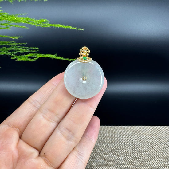"Good Luck Button"Icy Green Jadeite Jade Lucky KouKou Pendant With 18K Yellow Gold Bail