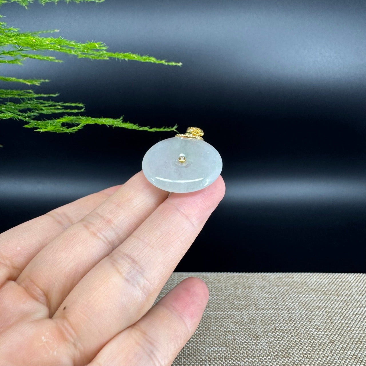 "Good Luck Button"Icy Green Jadeite Jade Lucky KouKou Pendant With 18K Yellow Gold Bail