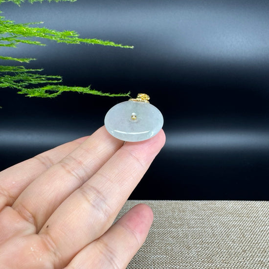 "Good Luck Button"Icy Green Jadeite Jade Lucky KouKou Pendant With 18K Yellow Gold Bail