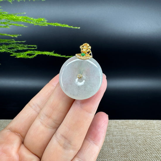 "Good Luck Button"Icy Green Jadeite Jade Lucky KouKou Pendant With 18K Yellow Gold Bail
