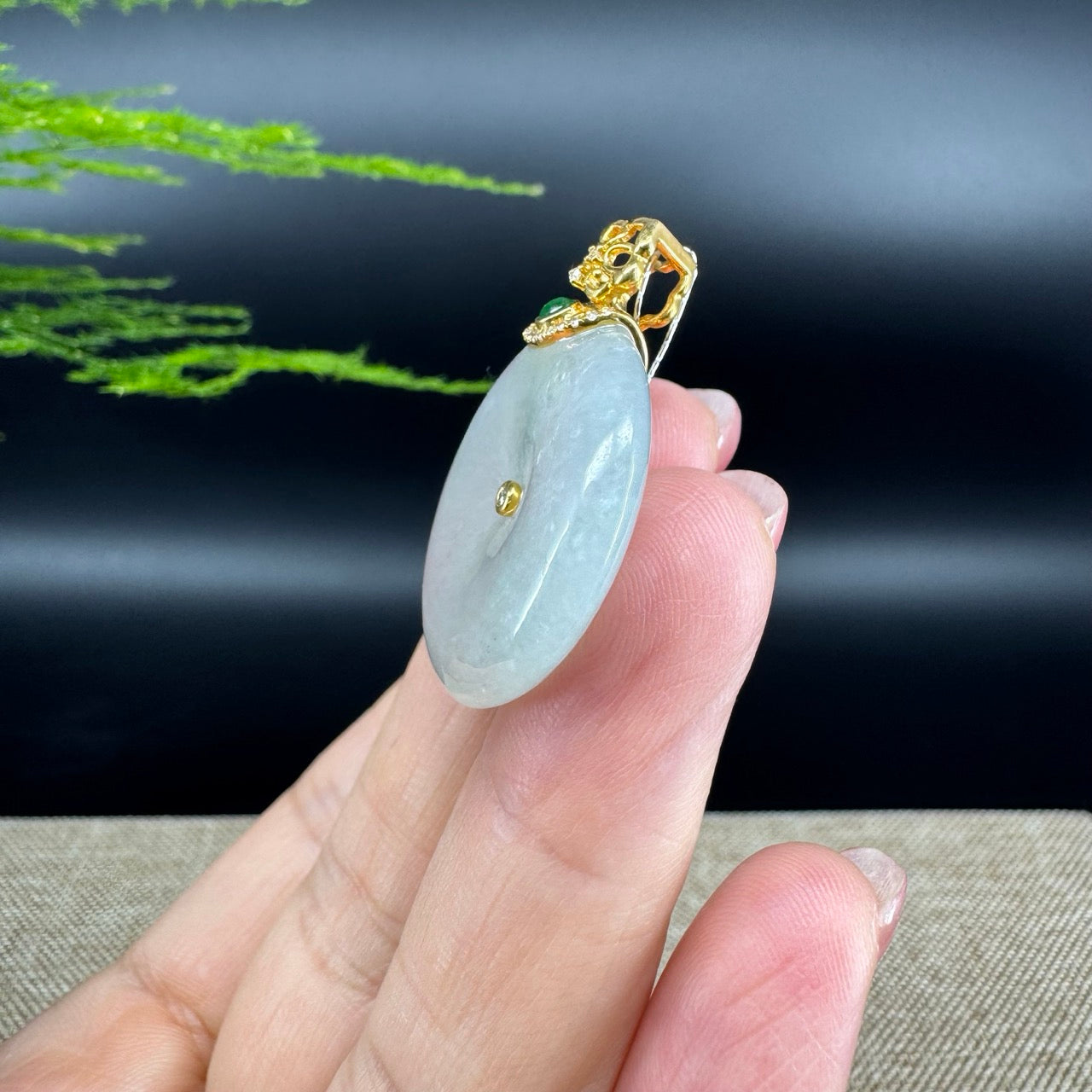 "Good Luck Button"Icy Green Jadeite Jade Lucky KouKou Pendant With 18K Yellow Gold Bail