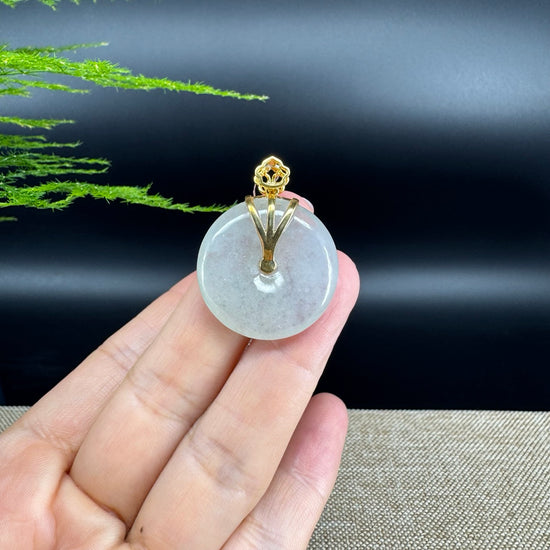 "Good Luck Button"Icy Green Jadeite Jade Lucky KouKou Pendant With 18K Yellow Gold Bail