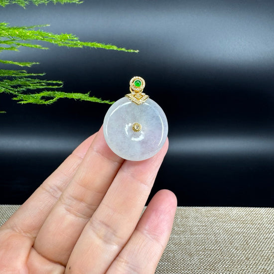 "Good Luck Button"Icy Jadeite Jade Lucky KouKou Pendant With 18K Yellow Gold Bail