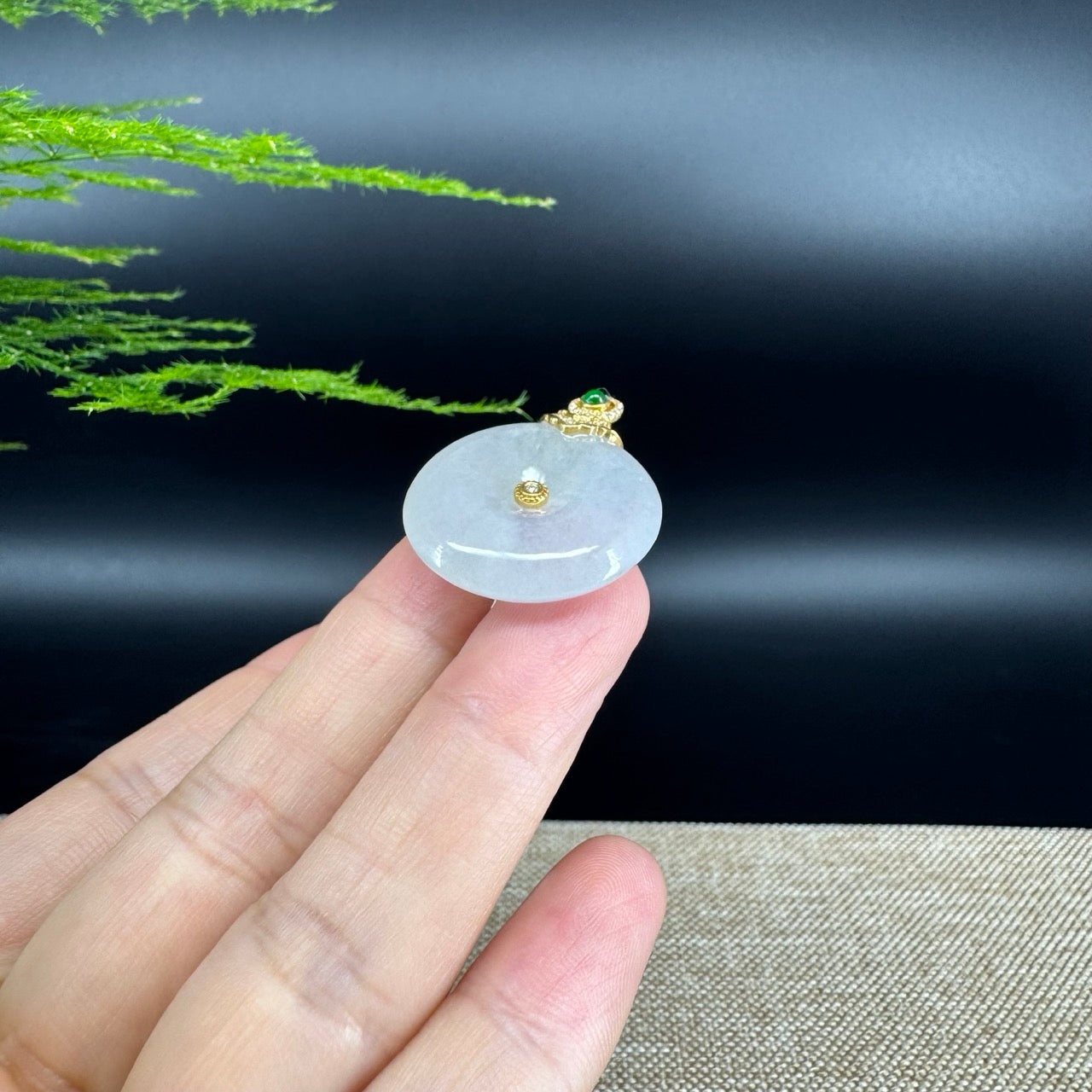 "Good Luck Button"Icy Jadeite Jade Lucky KouKou Pendant With 18K Yellow Gold Bail