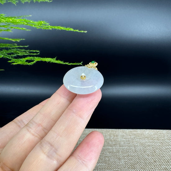 "Good Luck Button"Icy Jadeite Jade Lucky KouKou Pendant With 18K Yellow Gold Bail