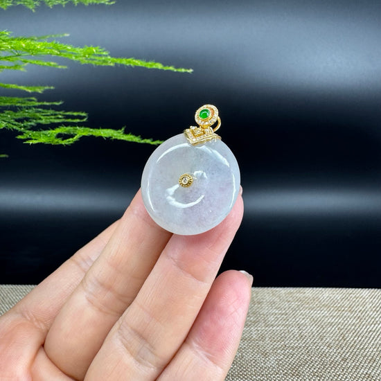 "Good Luck Button"Icy Jadeite Jade Lucky KouKou Pendant With 18K Yellow Gold Bail