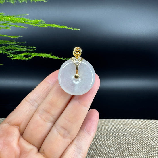 "Good Luck Button"Icy Jadeite Jade Lucky KouKou Pendant With 18K Yellow Gold Bail