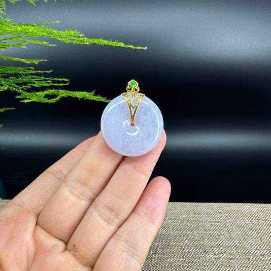 "Good Luck Button"Lavender Jadeite Jade Lucky KouKou Pendant With 18K Yellow Gold  Bail