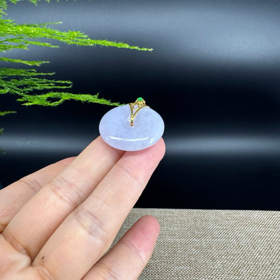 "Good Luck Button"Lavender Jadeite Jade Lucky KouKou Pendant With 18K Yellow Gold  Bail