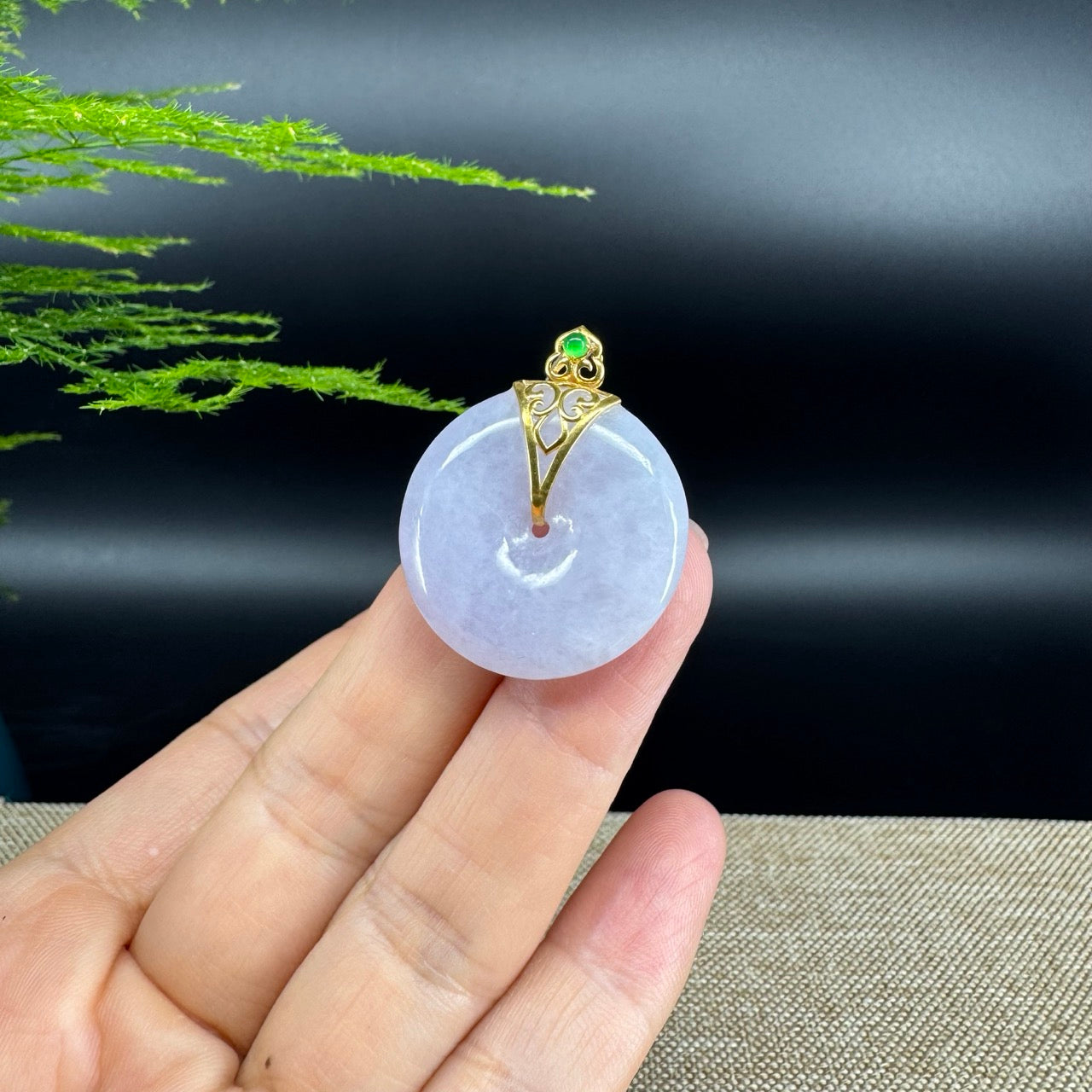 "Good Luck Button"Lavender Jadeite Jade Lucky KouKou Pendant With 18K Yellow Gold  Bail
