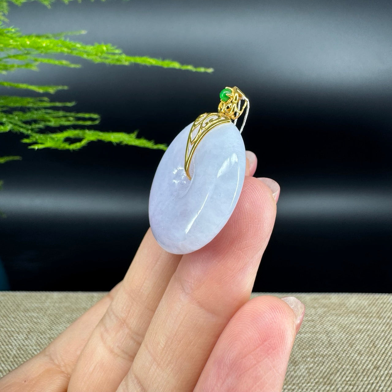 "Good Luck Button"Lavender Jadeite Jade Lucky KouKou Pendant With 18K Yellow Gold  Bail