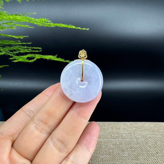 "Good Luck Button"Lavender Jadeite Jade Lucky KouKou Pendant With 18K Yellow Gold  Bail