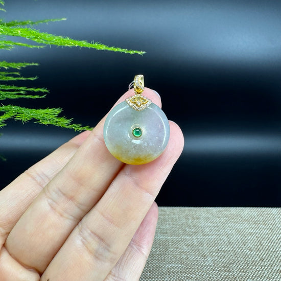 "Good Luck Button"Icy Yellow Green Jadeite Jade Lucky KouKou Pendant With 18K Yellow Gold Bail