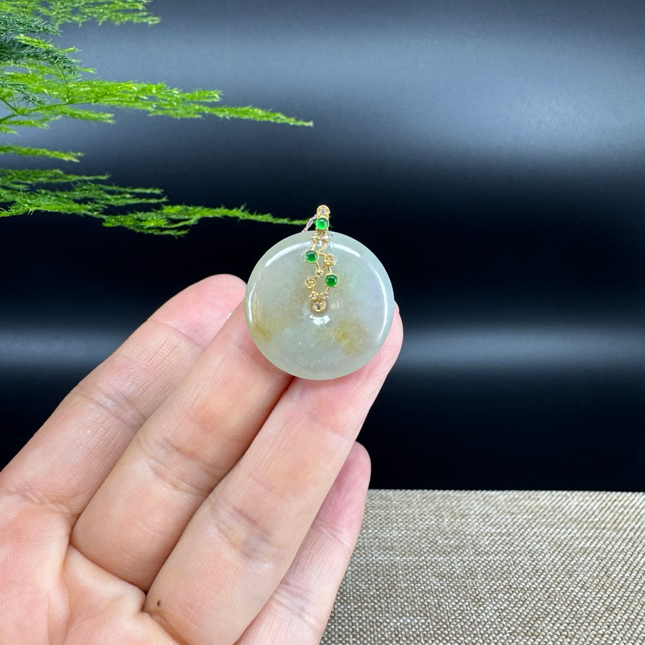 "Good Luck Button"Icy Yellow Jadeite Jade Lucky KouKou Pendant With 18K Yellow Gold  Bail