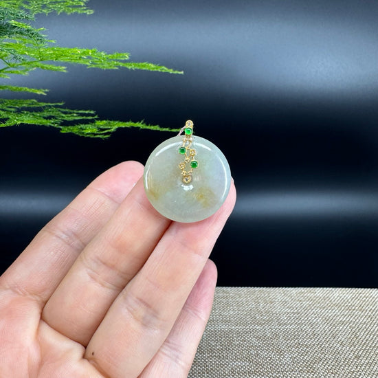"Good Luck Button"Icy Yellow Jadeite Jade Lucky KouKou Pendant With 18K Yellow Gold  Bail