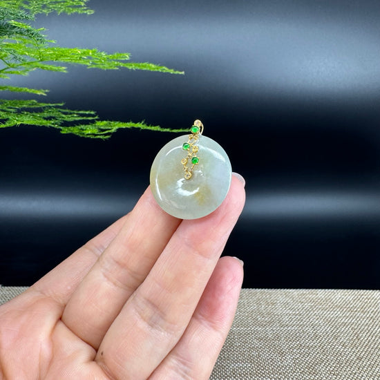 "Good Luck Button"Icy Yellow Jadeite Jade Lucky KouKou Pendant With 18K Yellow Gold  Bail