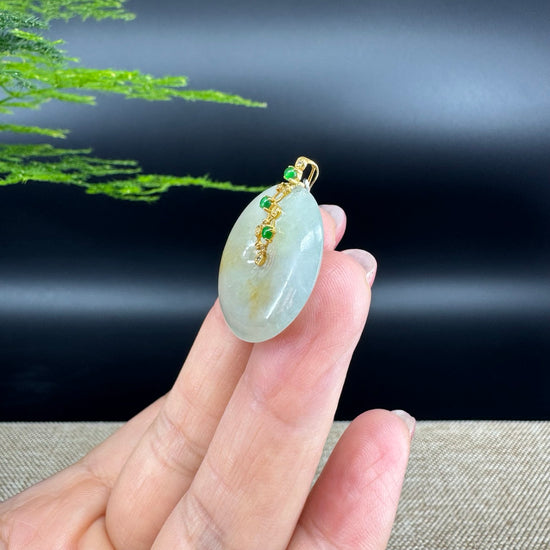"Good Luck Button"Icy Yellow Jadeite Jade Lucky KouKou Pendant With 18K Yellow Gold  Bail