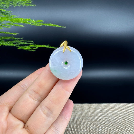"Good Luck Button"Lavender Green Jadeite Jade Lucky KouKou Pendant With 18K Yellow Gold  Bail