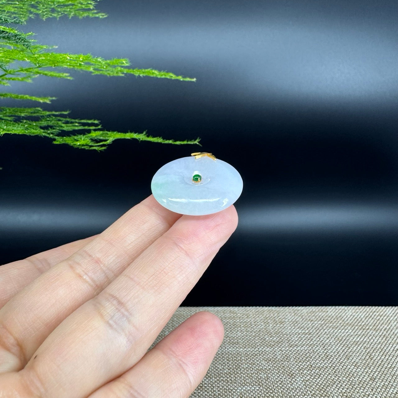 "Good Luck Button"Lavender Green Jadeite Jade Lucky KouKou Pendant With 18K Yellow Gold  Bail