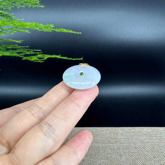 "Good Luck Button"Lavender Green Jadeite Jade Lucky KouKou Pendant With 18K Yellow Gold  Bail