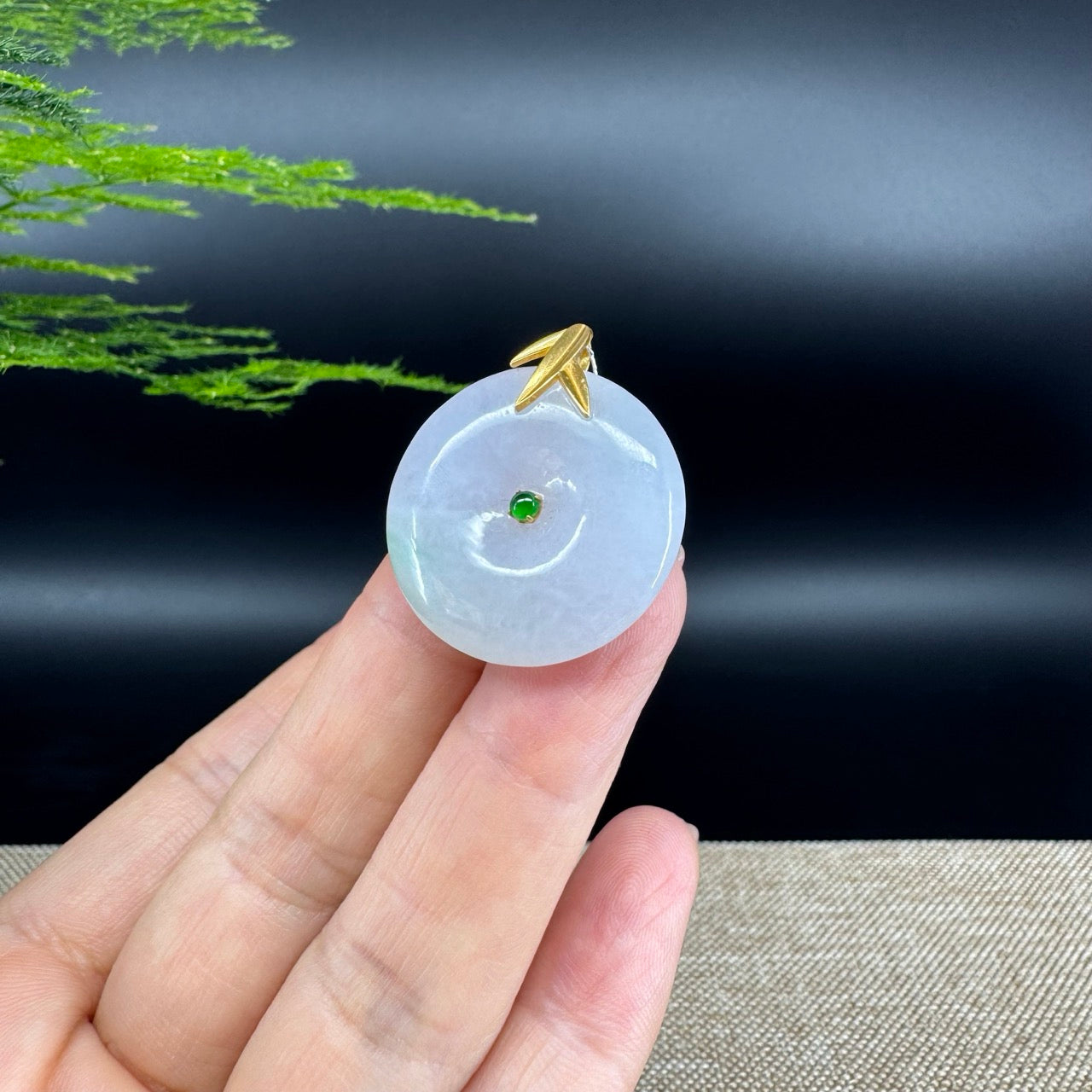 "Good Luck Button"Lavender Green Jadeite Jade Lucky KouKou Pendant With 18K Yellow Gold  Bail