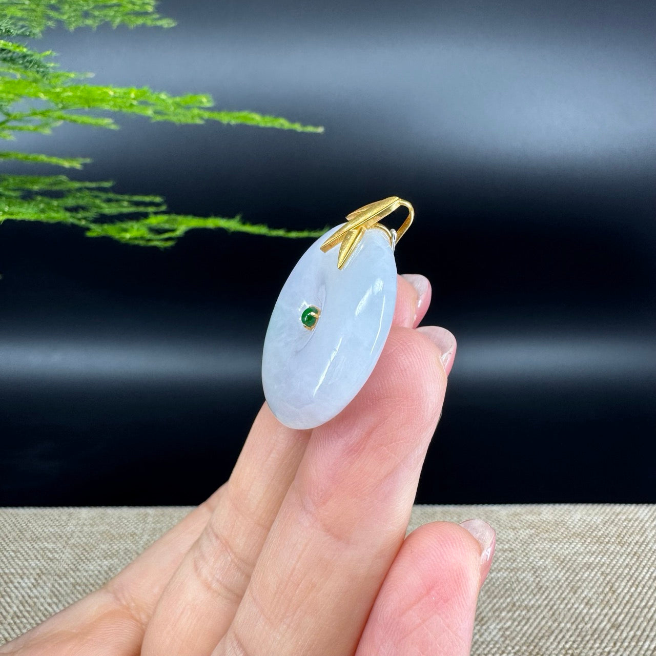 "Good Luck Button"Lavender Green Jadeite Jade Lucky KouKou Pendant With 18K Yellow Gold  Bail