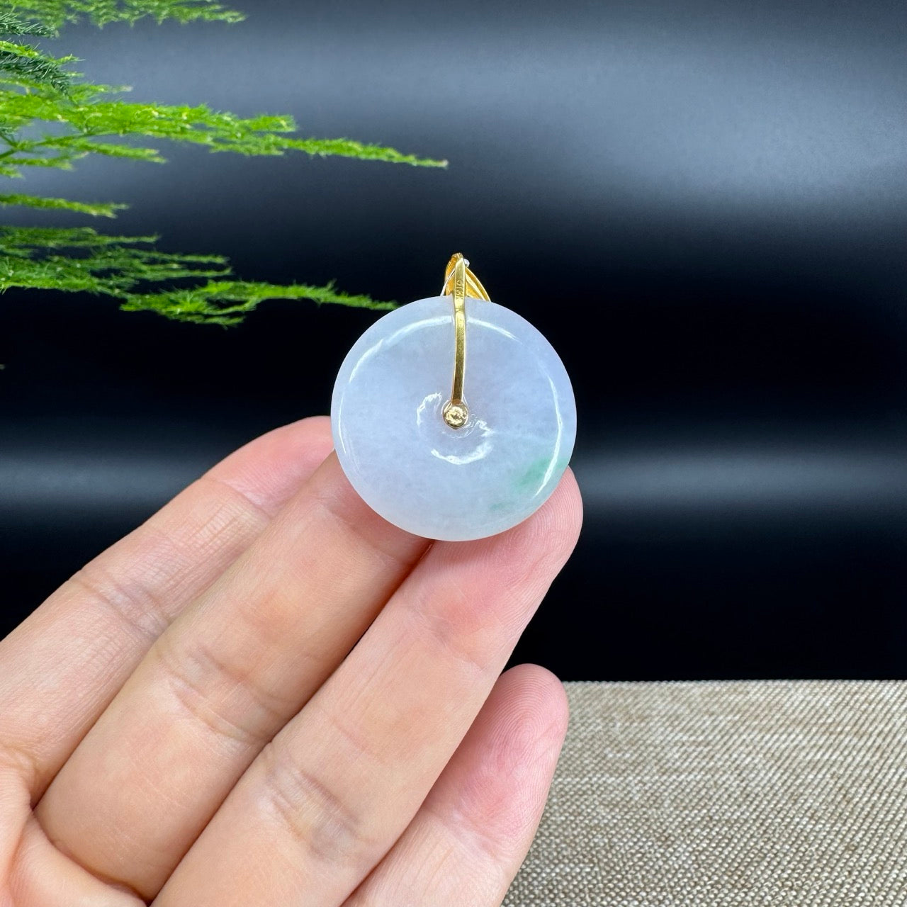 "Good Luck Button"Lavender Green Jadeite Jade Lucky KouKou Pendant With 18K Yellow Gold  Bail