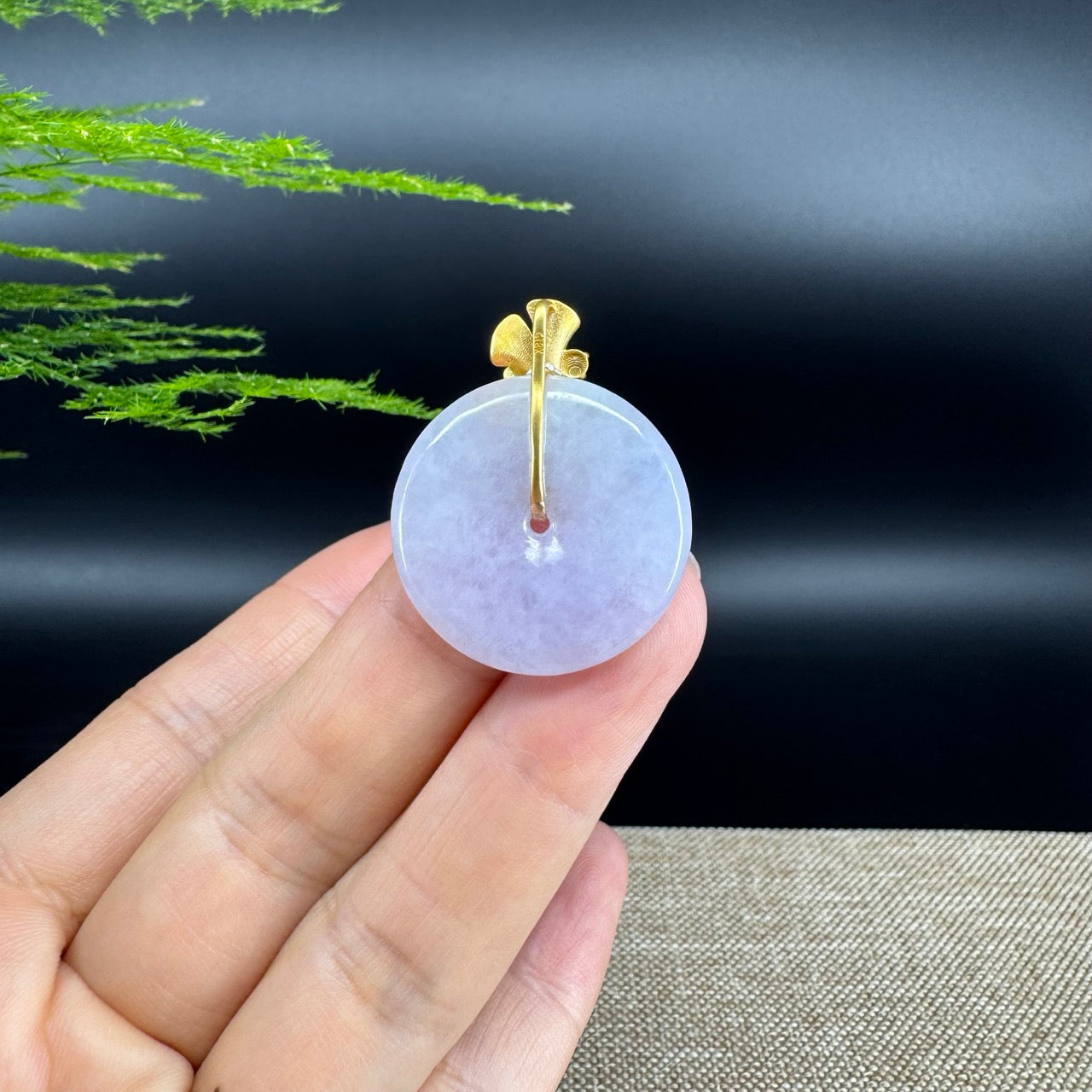 "Good Luck Button" Lavender Jadeite Jade Lucky KouKou Pendant With 18K Yellow Gold Bail