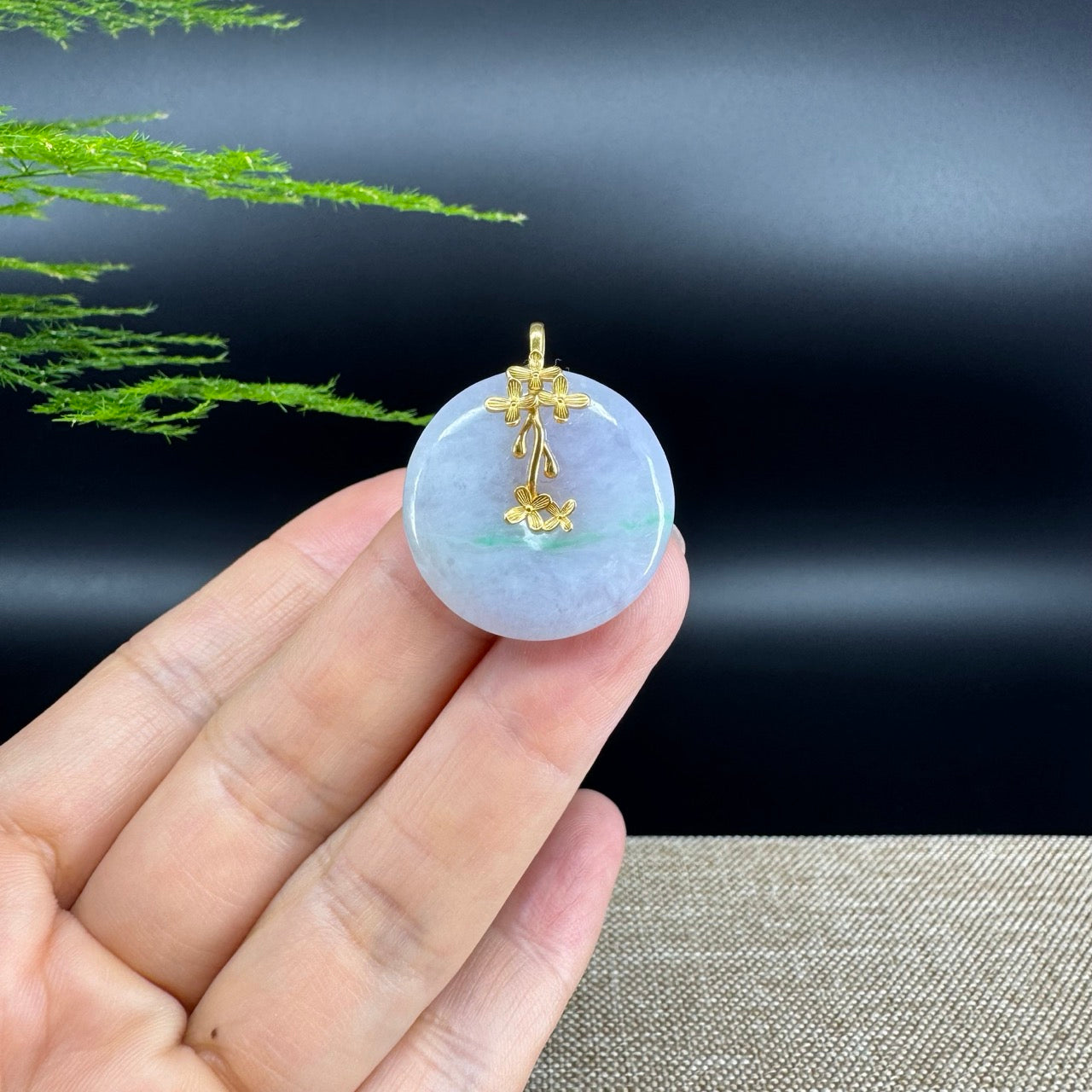 "Good Luck Button"Lavender Green Jadeite Jade Lucky KouKou Pendant With 18K Yellow Gold  Bail