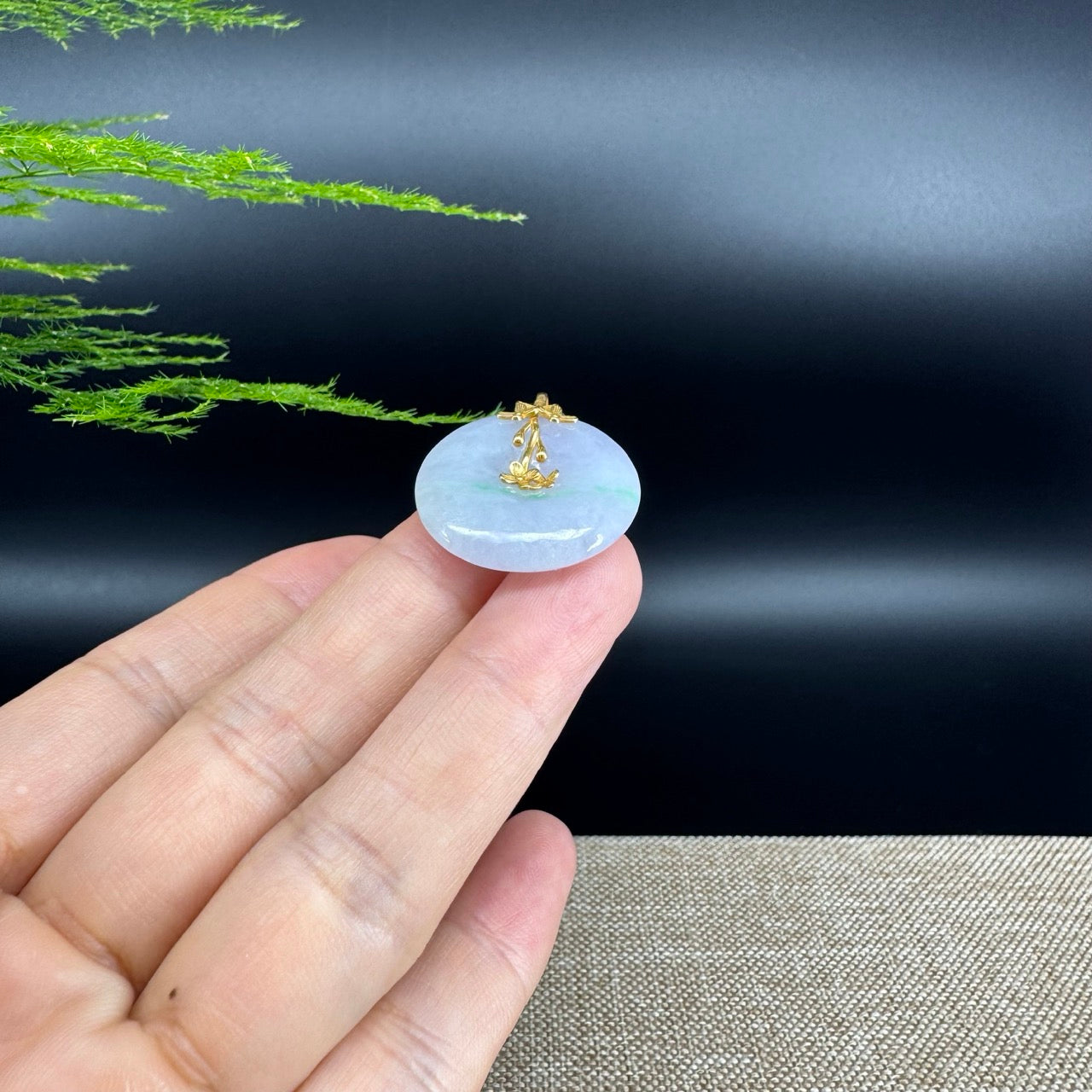 "Good Luck Button"Lavender Green Jadeite Jade Lucky KouKou Pendant With 18K Yellow Gold  Bail