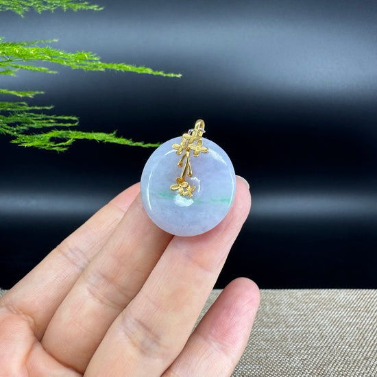"Good Luck Button"Lavender Green Jadeite Jade Lucky KouKou Pendant With 18K Yellow Gold  Bail