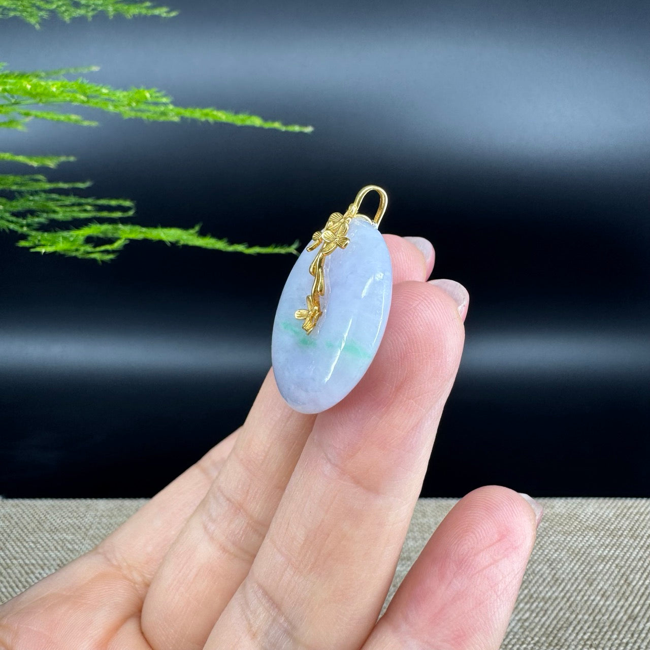 "Good Luck Button"Lavender Green Jadeite Jade Lucky KouKou Pendant With 18K Yellow Gold  Bail
