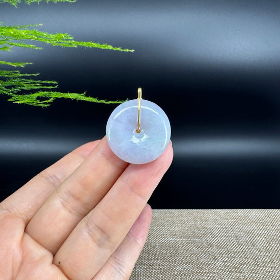 "Good Luck Button"Lavender Green Jadeite Jade Lucky KouKou Pendant With 18K Yellow Gold  Bail