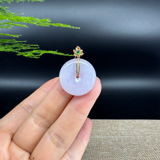 "Good Luck Button"Lavender Jadeite Jade Lucky KouKou Pendant With 18K Yellow Gold Bail