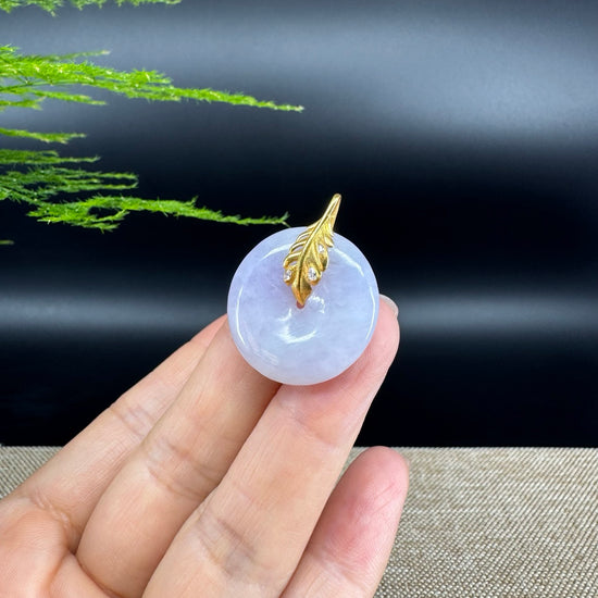 "Good Luck Button"Lavender Jadeite Jade Lucky KouKou Pendant With 18K Yellow Gold  Bail