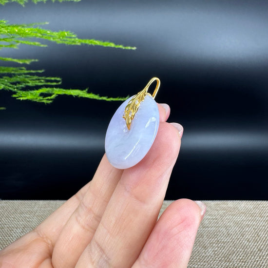 "Good Luck Button"Lavender Jadeite Jade Lucky KouKou Pendant With 18K Yellow Gold  Bail