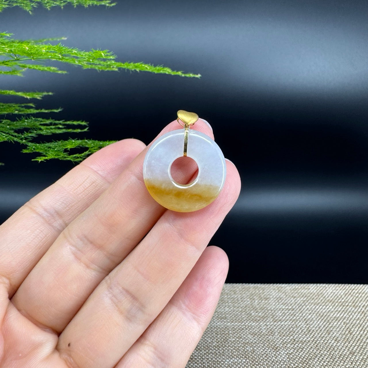 "Good Luck Button" Yellow Jadeite Jade Lucky KouKou Pendant With 18K Yellow Gold  Bail