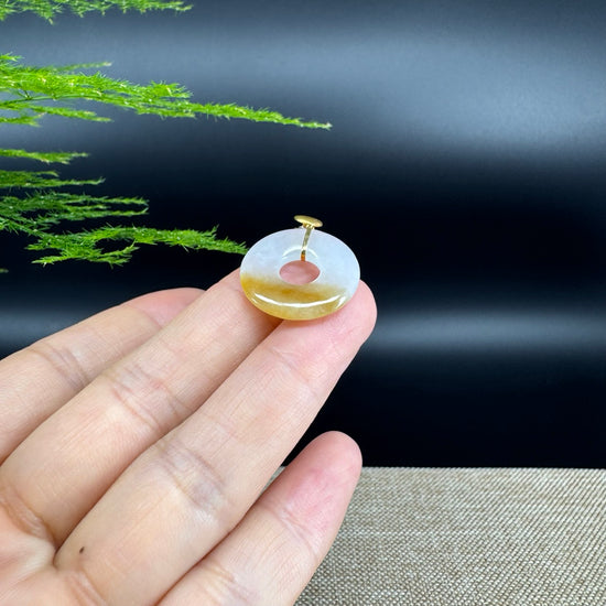 "Good Luck Button" Yellow Jadeite Jade Lucky KouKou Pendant With 18K Yellow Gold  Bail