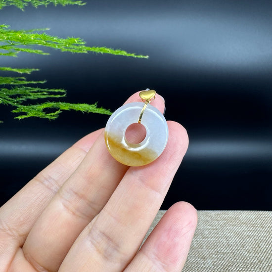 "Good Luck Button" Yellow Jadeite Jade Lucky KouKou Pendant With 18K Yellow Gold  Bail
