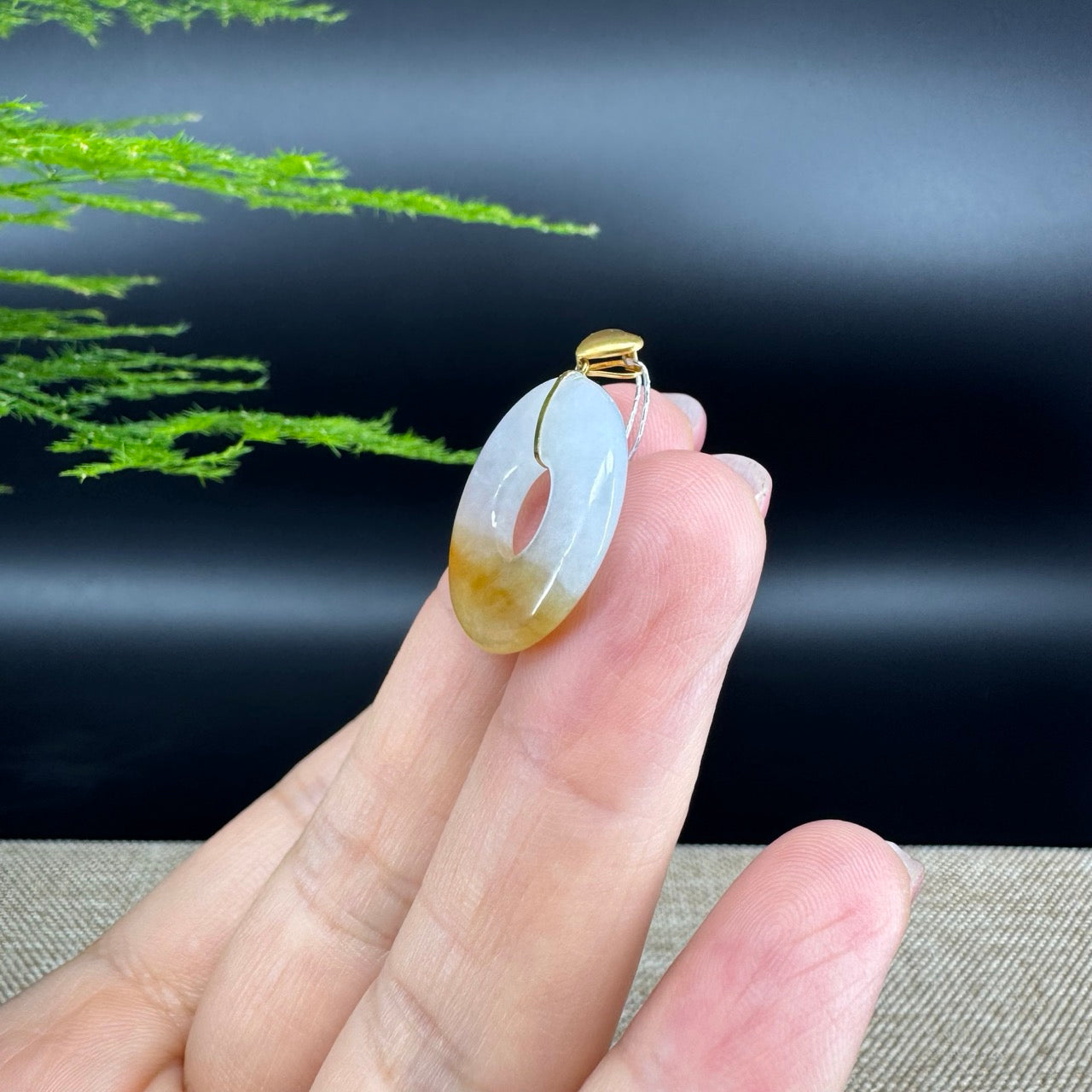 "Good Luck Button" Yellow Jadeite Jade Lucky KouKou Pendant With 18K Yellow Gold  Bail