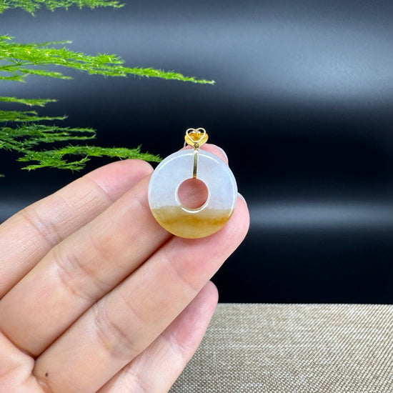 "Good Luck Button" Yellow Jadeite Jade Lucky KouKou Pendant With 18K Yellow Gold  Bail