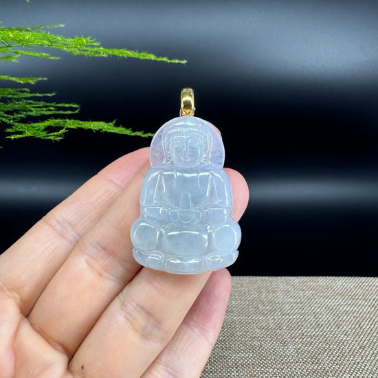High-end 18K Yellow Gold Burmese Icy Jadeite Jade Guanyin Pendant Necklace