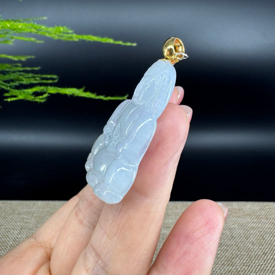 High-end 18K Yellow Gold Burmese Icy Jadeite Jade Guanyin Pendant Necklace