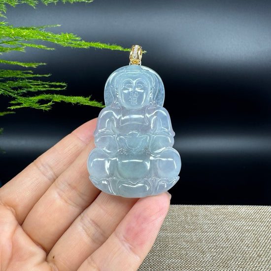 18K Yellow Gold  Burnese Icy Blue Jadeite Jade Guanyin Pendant