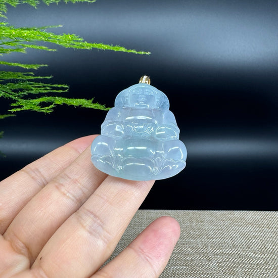 18K Yellow Gold  Burnese Icy Blue Jadeite Jade Guanyin Pendant