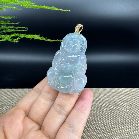 18K Yellow Gold  Burnese Icy Blue Jadeite Jade Guanyin Pendant