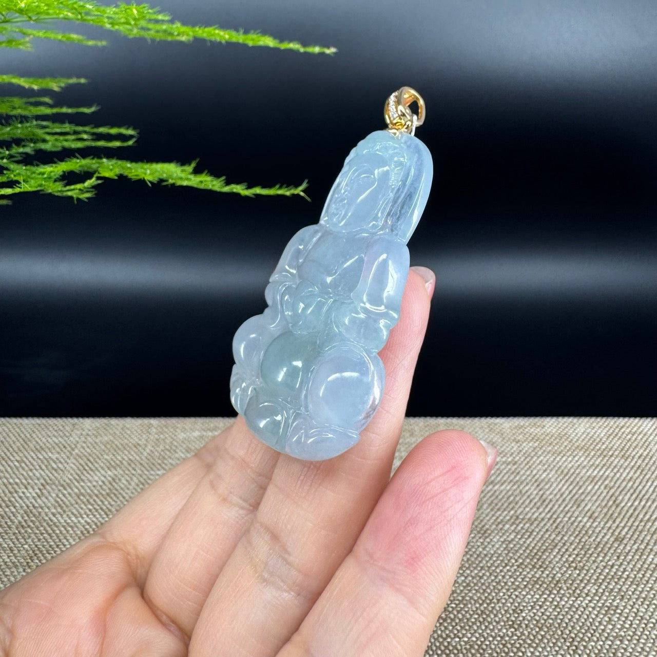 18K Yellow Gold  Burnese Icy Blue Jadeite Jade Guanyin Pendant