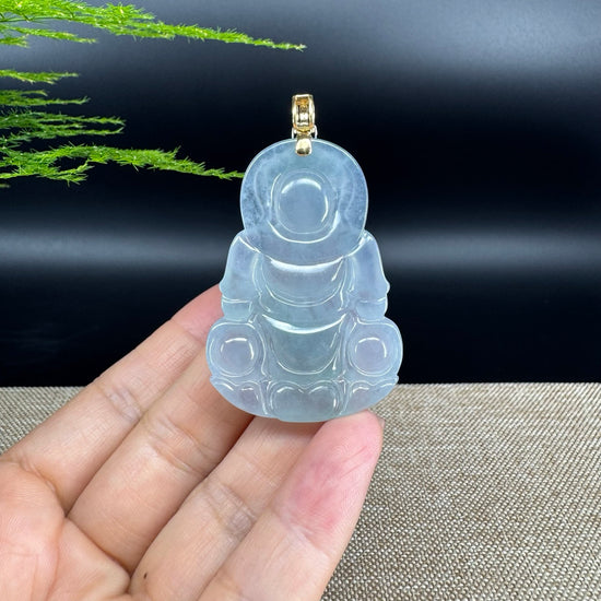 18K Yellow Gold  Burnese Icy Blue Jadeite Jade Guanyin Pendant
