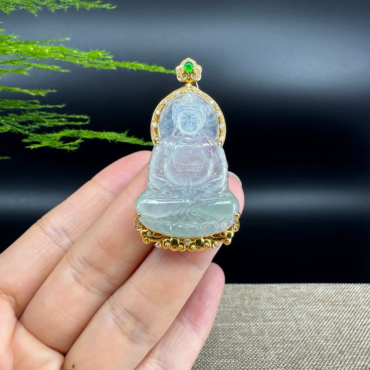 RealJade® 18K Yellow Gold Genuine Luxury Icy Jade Guanyin Pendant With Diamonds